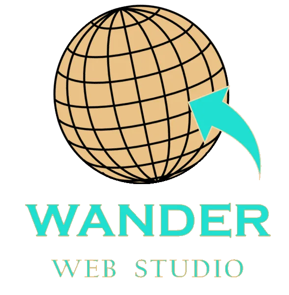 High-contrast Wander Web Studio logo featuring a gold wireframe globe and a vibrant cyan arrow.