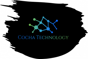 Cocha Technology branding featuring a gradient network node icon and serif text on a black textured paint-stroke background.