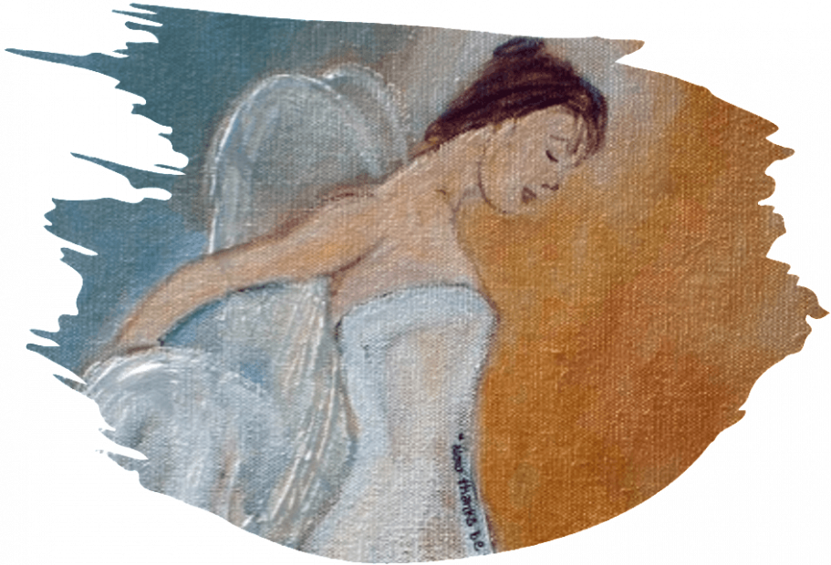 Florinda's Designs angel painting. A stylized painting of an angel-like figure with large, shimmering white wings, set against a background of soft blue and textured gold.