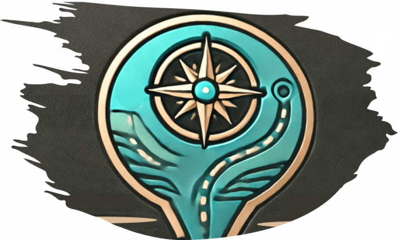 A professional travel-themed logo featuring a teal compass and path icon.