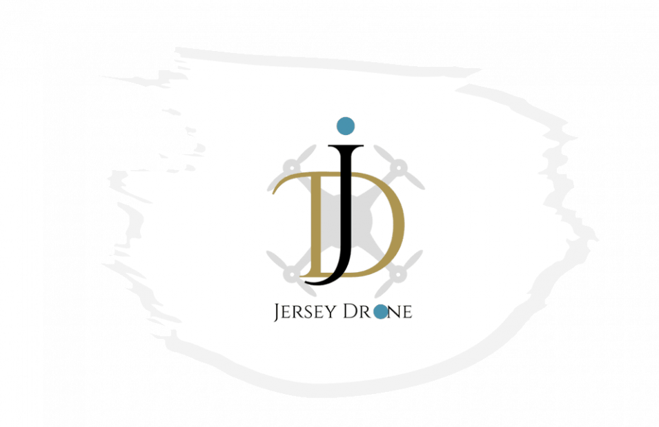 A professional drone-themed logo featuring "JD" initials in black and gold with a subtle quadcopter silhouette, centered on a white paint-stroke splash.