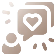 maintenance and support. A tan minimalist icon showing a person next to stacked speech bubbles containing a heart.