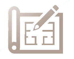 A tan minimalist icon of a pencil drawing on a professional architectural blueprint.
