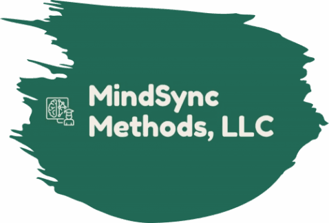 MindSync Methods, LLC logo featuring a white line icon of a brain connected to a student profile icon wearing a graduation cap, set against a dark green textured brushstroke background.