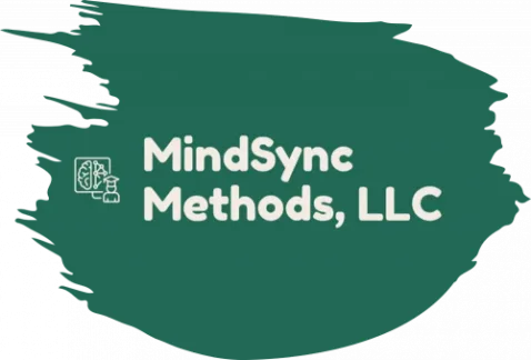 MindSync Methods, LLC logo featuring a white line icon of a brain connected to a student profile icon wearing a graduation cap, set against a dark green textured brushstroke background.