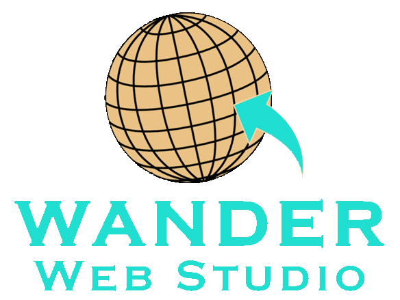 Wander Web Studio logo with bold cyan text over a light gray wireframe globe and a swooping arrow.