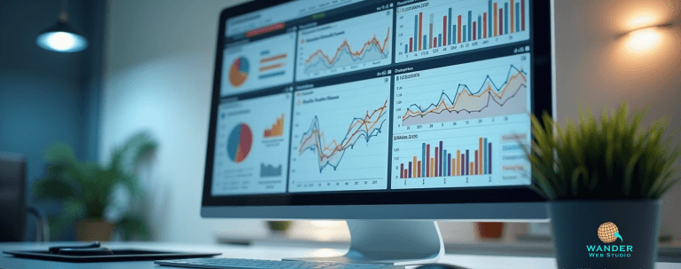 A modern desktop monitor displaying a complex analytics dashboard with colorful bar charts, line graphs, and pie charts for Wander Web Studio.