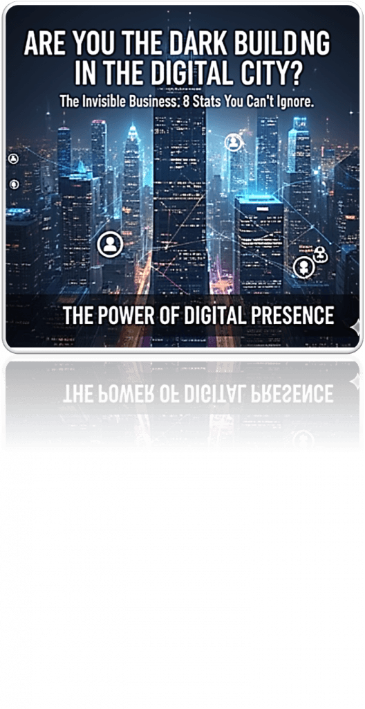 A high-impact vertical graphic showing a dark skyscraper in a glowing digital city with the text "ARE YOU THE DARK BUILDING IN THE DIGITAL CITY?"