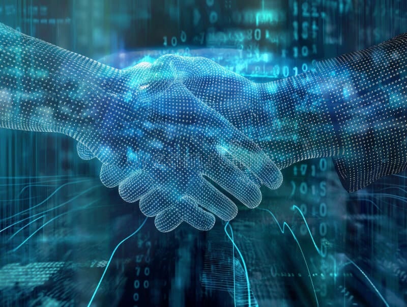 A digital illustration of two hands shaking, rendered in a glowing blue 3D mesh grid against a dark data-filled background.