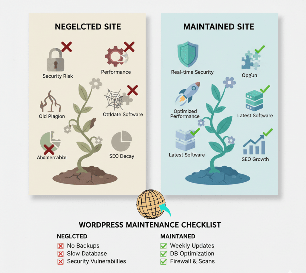 A comprehensive WordPress maintenance checklist showing tasks like security scans, database optimization, and plugin updates.
