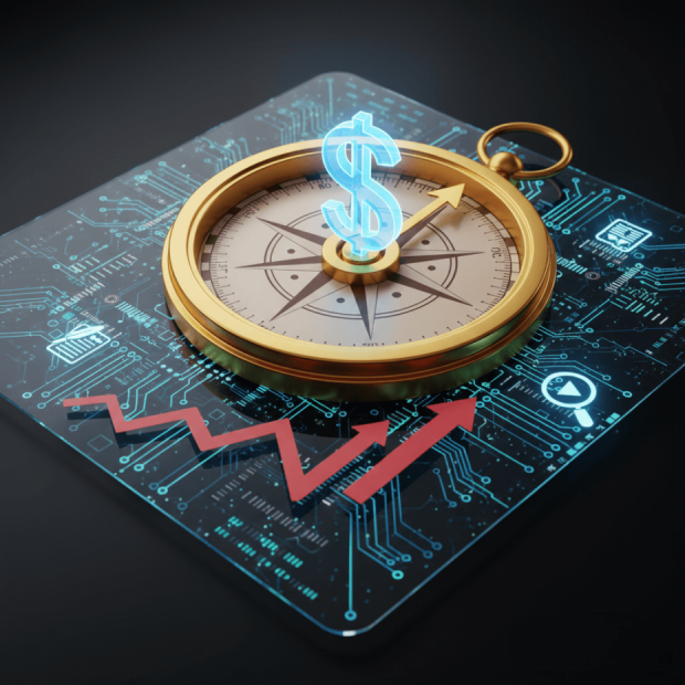 Digital golden compass on circuit board representing corporate blogging ROI.
