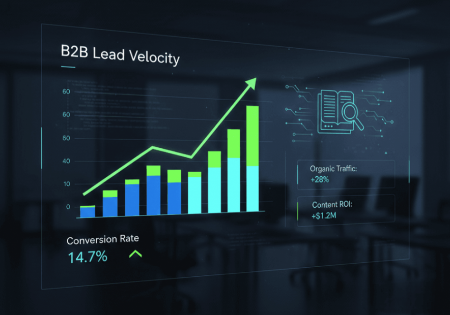 Digital dashboard showing successful B2B lead generation metrics.
