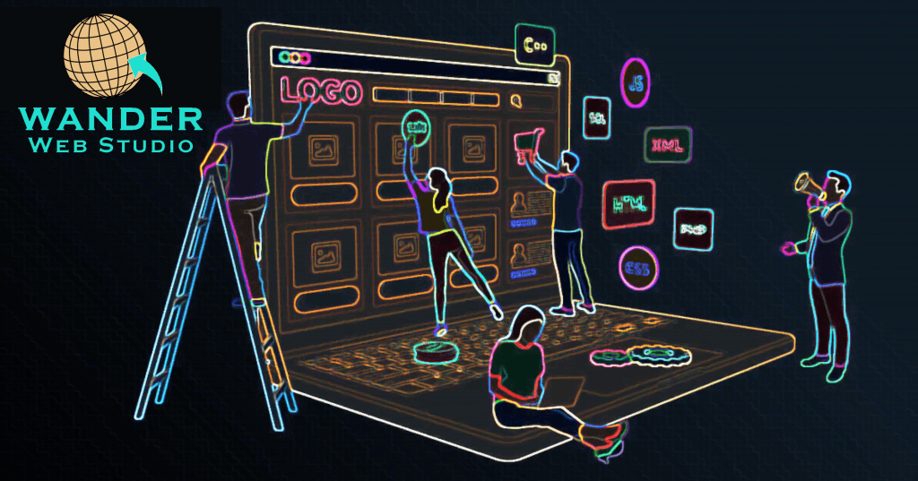 Web designer. A vibrant neon-style illustration for Wander Web Studio showing developers working on a large laptop screen with floating digital icons like "XML," "JS," and "PHP."