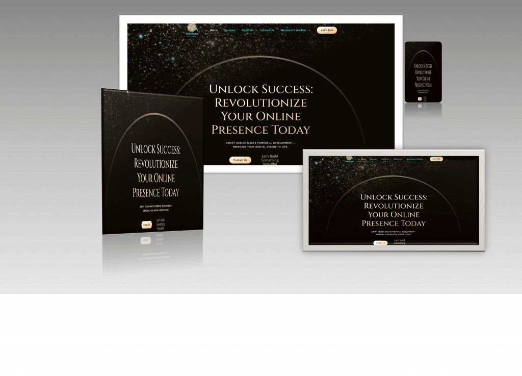 Responsive design. A high-end marketing graphic for Wander Web Studio featuring professional display screens with gold and black branding titled "UNLOCK SUCCESS: REVOLUTIONIZE YOUR ONLINE PRESENCE TODAY."
