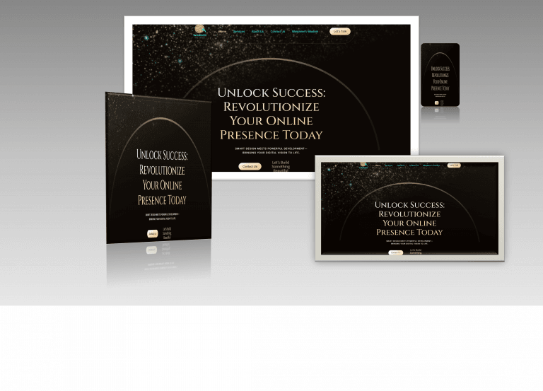Responsive design. A high-end marketing graphic for Wander Web Studio featuring professional display screens with gold and black branding titled "UNLOCK SUCCESS: REVOLUTIONIZE YOUR ONLINE PRESENCE TODAY."