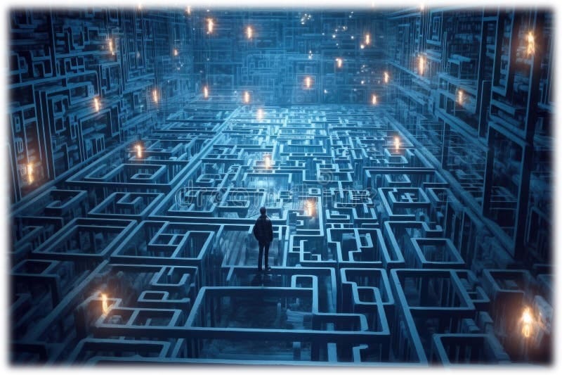 A high-resolution technical graphic featuring a person standing in the center of a vast, glowing blue digital maze with scattered orange light waypoints, representing complex network navigation and high-level infrastructure strategy.