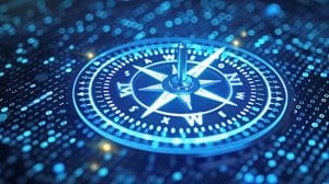 A glowing blue digital compass set against a background of binary code, representing precision data navigation and high-level infrastructure strategy.
