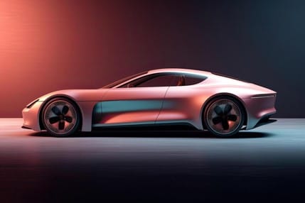 Profile view of a sleek, metallic rose-gold futuristic concept coupe with minimalist lighting and aerodynamic lines, set against a high-contrast red and teal studio background.