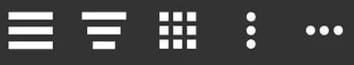 A horizontal row of five minimalist white UI icons—a hamburger menu, a filter icon, a grid icon, a vertical kebab menu, and a horizontal meatball menu—set against a dark gray background.