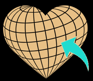 A stylized heart-shaped wireframe globe in tan/gold with a bright cyan arrow pointing toward the center on a solid black background.