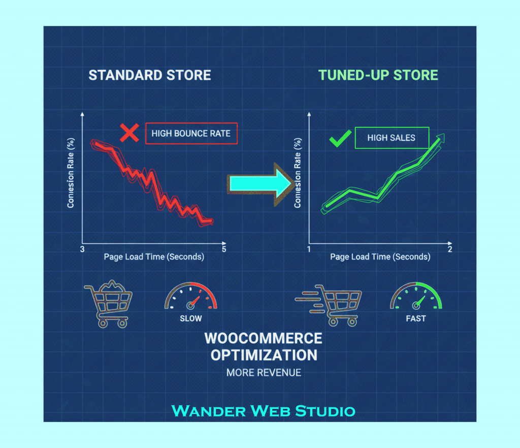 A professional WooCommerce performance optimization chart showing the direct correlation between faster page load times and higher conversion rates.