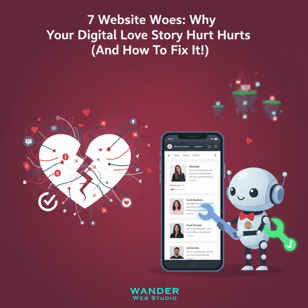 A broken heart graphic on the left, tangled with bad website user experience icons, next to a smiling robot holding a wrench, fixing a mobile phone displaying a healthy website.