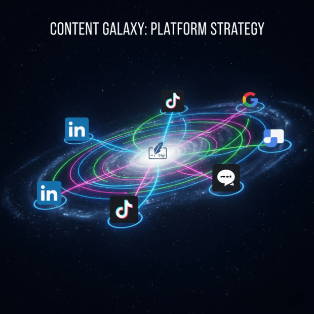 New SEO: Galaxy of digital platforms representing Search Everywhere Optimization.