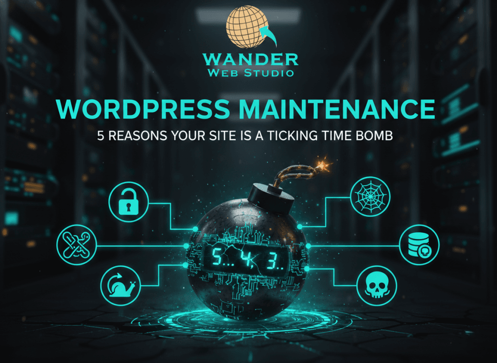 A digital ticking time bomb in a server room, displaying a countdown and surrounded by icons for slow speed, security locks, and database errors. The Wander Web Studio logo and the text "Scaling WooCommerce: 5 Proven Ways to Prevent a Site Crash" are displayed prominently.