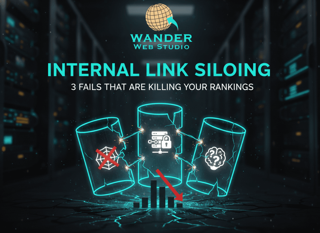 Three glowing, cracked glass cylinders represent silos in a server room. Icons for broken links and confused navigation are inside the cylinders, with a red arrow pointing down at a declining bar graph. The Wander Web Studio logo and the title "Internal Link Siloing: 3 Fails That Are Killing Your Rankings" are featured.