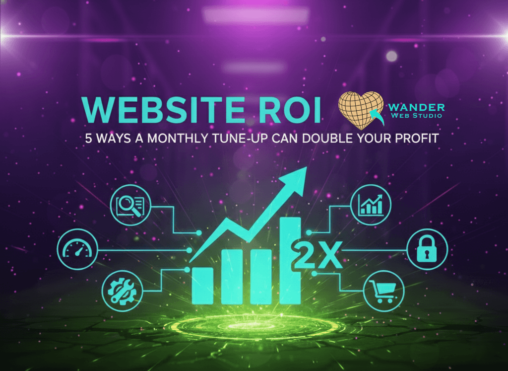 A vibrant purple and teal infographic showing a rising bar chart with a "2X" multiplier and an upward arrow. Icons for speed, search, security, and e-commerce surround the chart. The Wander Web Studio logo and blog title are featured at the top.