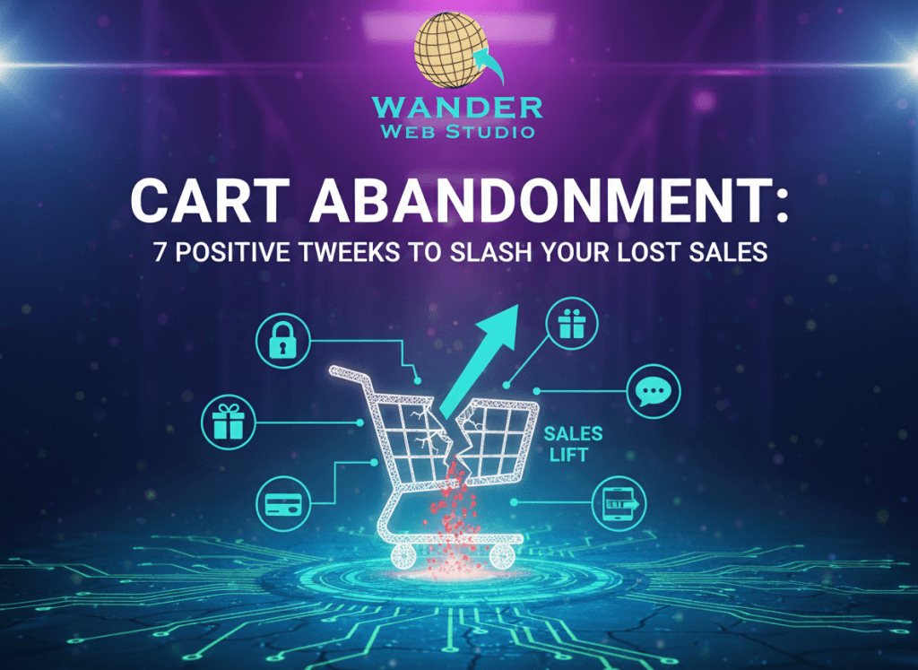 A glowing, wireframe shopping cart appears to be breaking apart, with red particles falling from the bottom. An upward cyan arrow emerges from the cart toward the text "Sales Lift." Icons for security, discounts, and payments surround the cart.