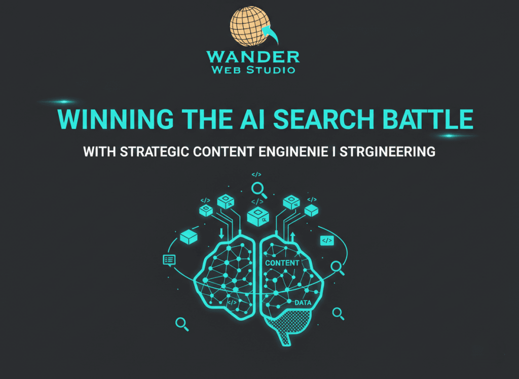 A strategic content engineering graphic from Wander Web Studio featuring a teal glowing brain icon representing data and content connections.