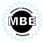 Official Minority Business Enterprise (MBE) certification badge featuring a jagged circular seal with bold black and white typography.