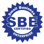 Official Small Business Enterprise (SBE) certification badge featuring a jagged blue circular seal with white typography.