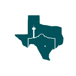 A solid dark teal silhouette of the state of Texas featuring white line-art overlays of the Tower of the Americas and the Alamo, with a small white star marking a central location.