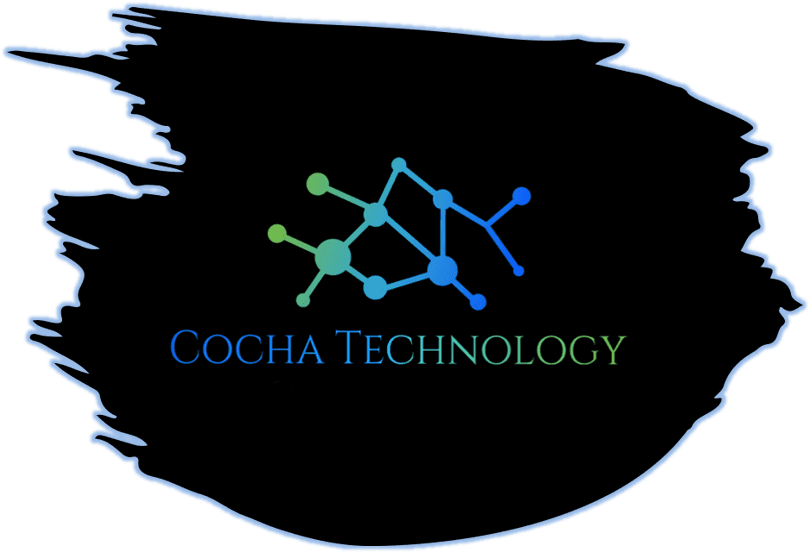 Cocha Technology logo with a vibrant blue-to-green gradient network icon and serif typography set against a black paint-stroke splash with a glowing blue border.