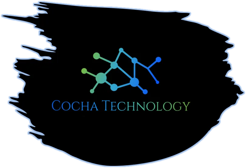 Cocha Technology logo with a vibrant blue-to-green gradient network icon and serif typography set against a black paint-stroke splash with a glowing blue border.