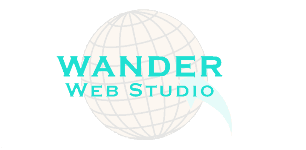 Wander Web Studio professional logo featuring cyan typography overlaid on a light gray wireframe globe with a sweeping arrow.