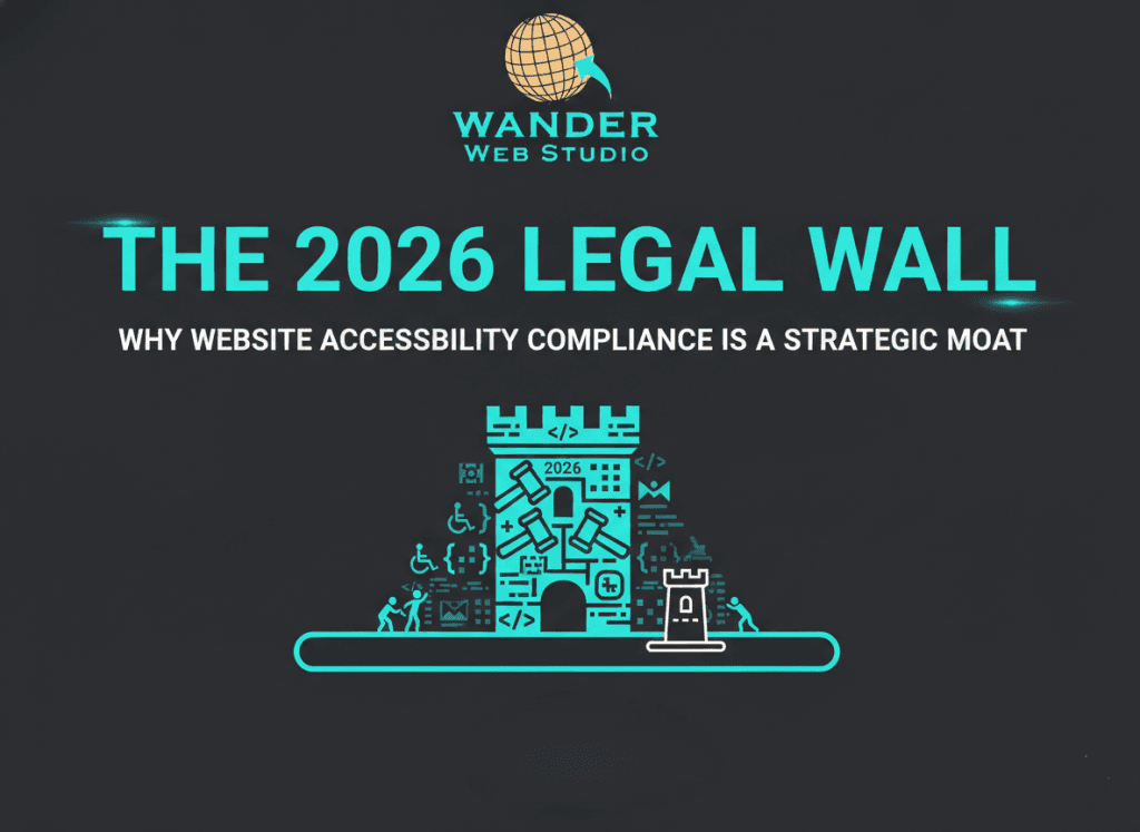 An infographic from Wander Web Studio titled "The 2026 Legal Wall" explaining why website accessibility compliance is a strategic moat.