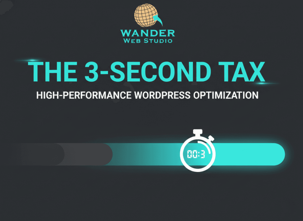 A high-performance WordPress optimization graphic from Wander Web Studio featuring a glowing teal 3-second loading bar and stopwatch icon.