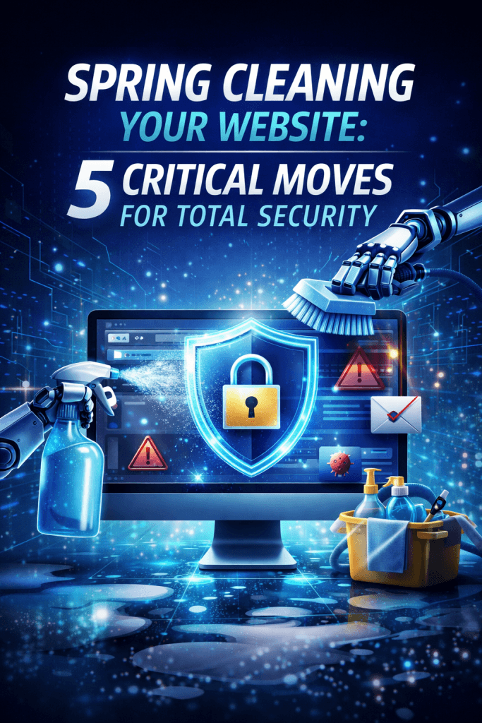A futuristic digital security scene where robotic arms use a spray bottle and scrub brush to "clean" a computer monitor. The screen displays a large glowing shield with a padlock icon, surrounded by the text "SPRING CLEANING YOUR WEBSITE: 5 CRITICAL MOVES FOR TOTAL SECURITY."