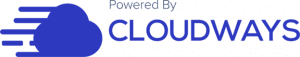 Blue "Powered By Cloudways" logo with a stylized cloud icon and motion lines.