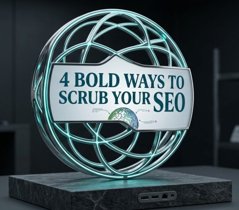 A sleek, modern 3D orbital globe sculpture with glowing teal rings, featuring a center plaque that reads "4 BOLD WAYS TO SCRUB YOUR SEO" in a clean dark font.