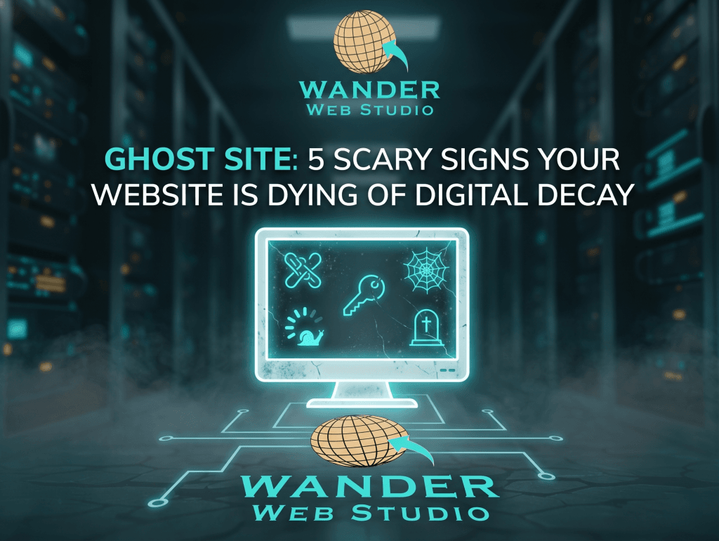 A glowing, cracked computer monitor displays spooky icons like a spiderweb, a tombstone, and a snail, set against a dark server room backdrop. The Wander Web Studio logo and the title "Ghost Site: 5 Scary Signs Your Website is Dying of Digital Decay" are prominently featured.