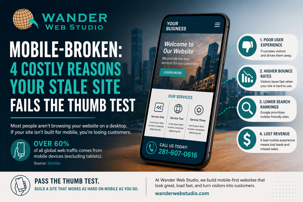 Infographic titled "Mobile-Broken: 4 Costly Reasons Your Stale Site Fails the Thumb Test." It features a modern smartphone showing a professional website, a city skyline background, and four key points: Poor User Experience, Higher Bounce Rates, Lower Search Rankings, and Lost Revenue.