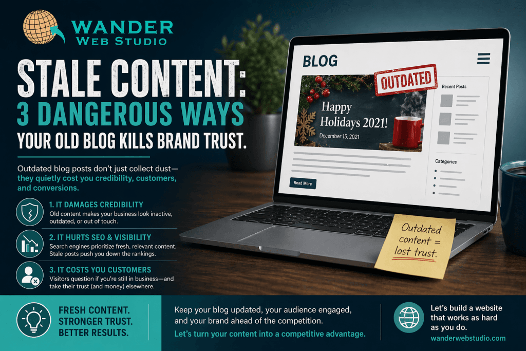 An infographic for Wander Web Studio titled "Stale Content: 3 Dangerous Ways Your Old Blog Kills Brand Trust." It shows a laptop displaying an outdated "Happy Holidays 2021!" blog post with an "OUTDATED" stamp, a sticky note saying "Outdated content = lost trust," and three key points: it damages credibility, hurts SEO, and costs customers.