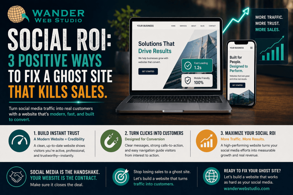 An infographic for Wander Web Studio titled "Social ROI: 3 Positive Ways to Fix a Ghost Site That Kills Sales." It features a laptop and smartphone displaying a modern, fast-loading, mobile-friendly website alongside three points: building instant trust, turning clicks into customers, and maximizing social ROI.