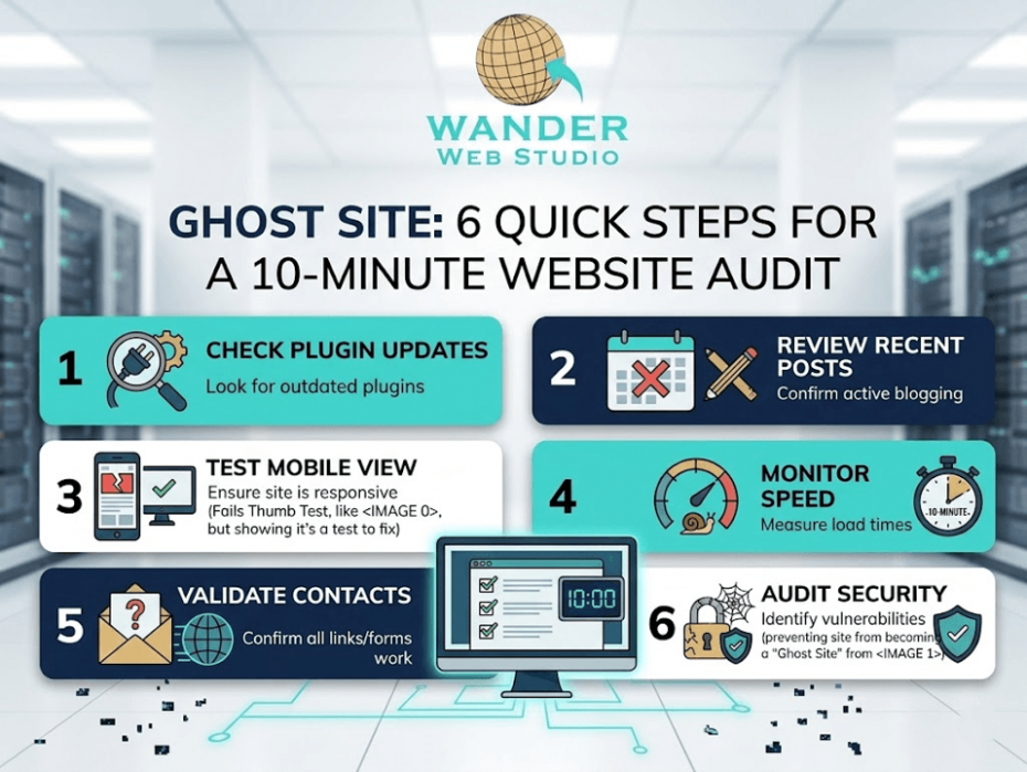 An infographic with a checklist titled "Ghost Site: 6 Quick Steps for a 10-Minute Website Audit." Icons with green checkmarks show six actionable steps (Updates, Posts, Mobile View, Speed, Contacts, Security) leading to a successful diagnostic. The Wander Web Studio logo and a glowing monitor displaying the completed checklist are set in a clean, professional office.