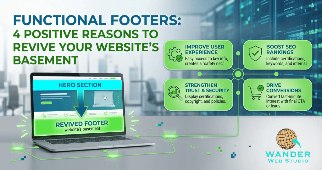 Infographic titled 'Functional Footers: 4 Positive Reasons to Revive Your Website's Basement' featuring a laptop display showing a website's Hero and Footer sections, with a Wander Web Studio logo in the corner.