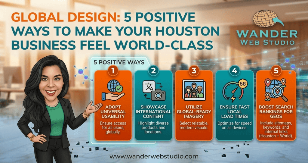 Infographic titled "Global Design: 5 Positive Ways to Make Your Houston Business Feel World-Class" featuring an illustrated professional woman presenting five key strategy panels, with the Wander Web Studio logo and website URL.